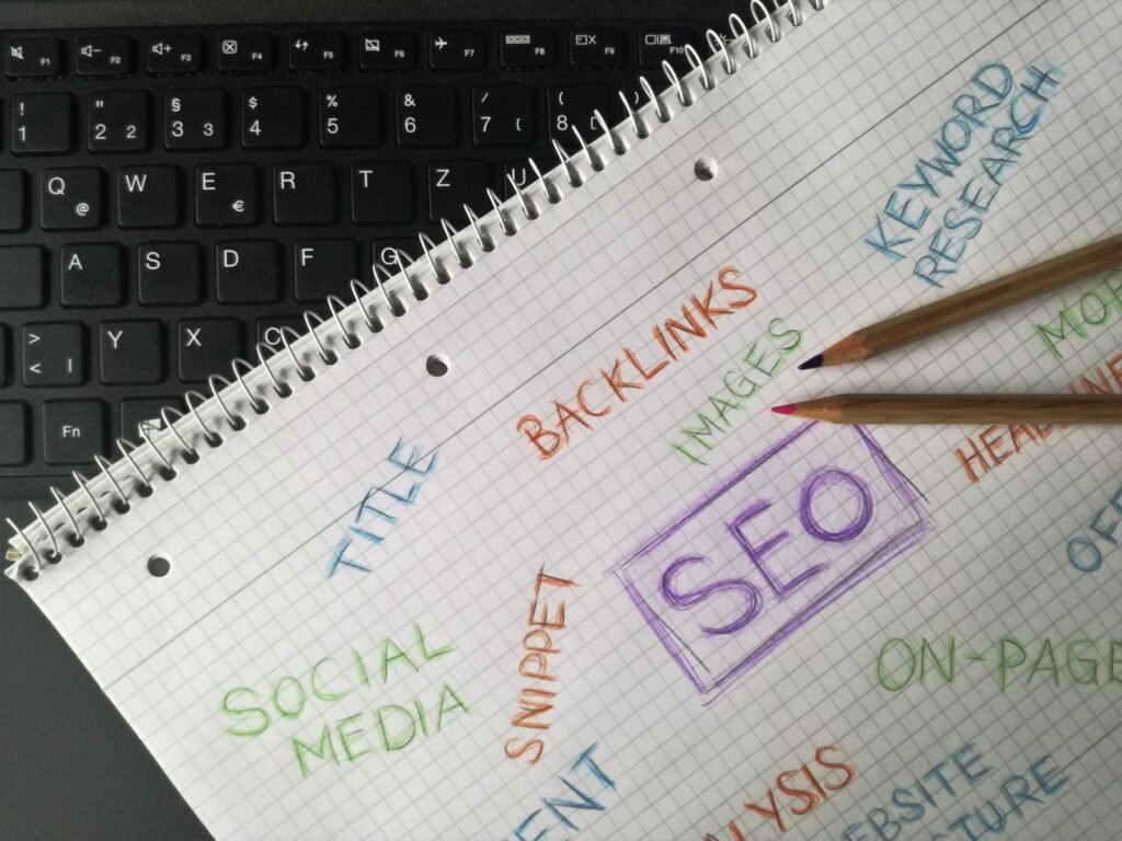 Desk with notepad and laptop for best keywords beauty wellness seo singapore keyword research