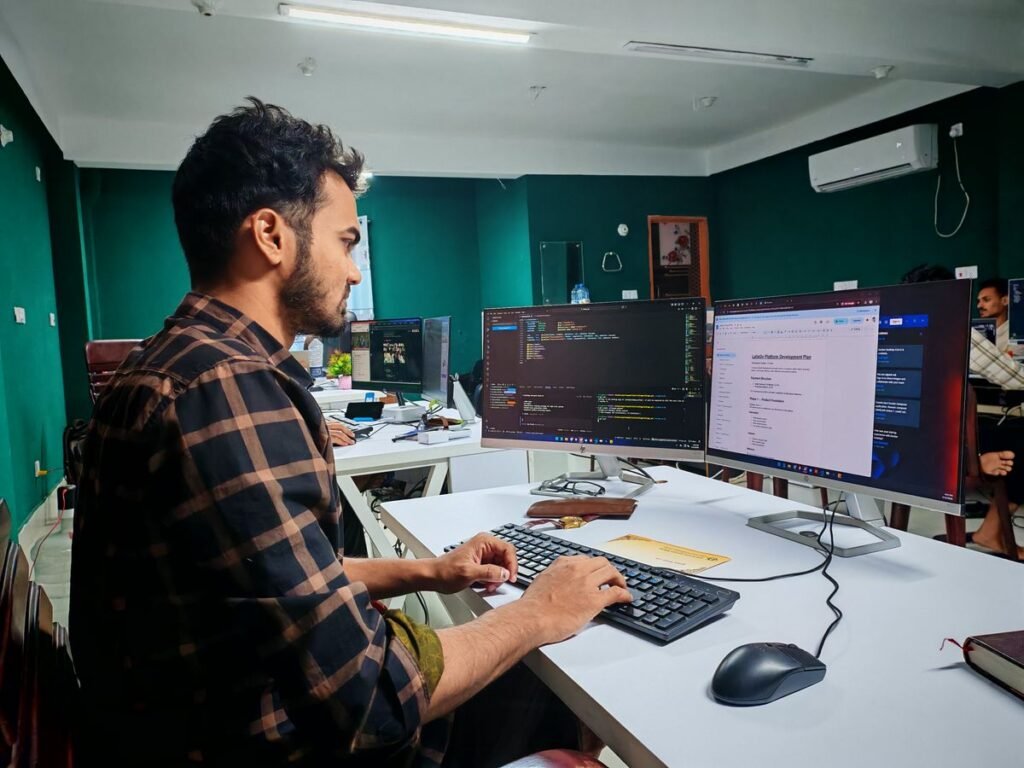 Schema markup generator output being checked against a structured data validator on a second screen