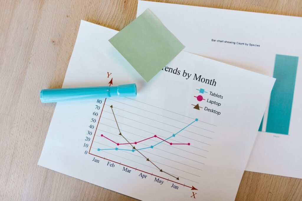 Printed line charts by month on a desk, used to work out what is good bounce rate for your own site