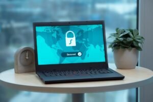 Laptop showing a padlock on screen, representing a secure Google Analytics login and account access