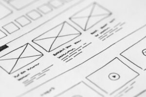 Hand-drawn website wireframes showing page structure, the pages a google search console submit sitemap should list