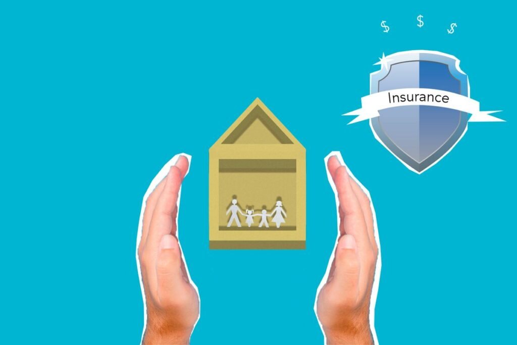 Illustration of hands protecting a family home under an insurance shield, for insurance digital marketing