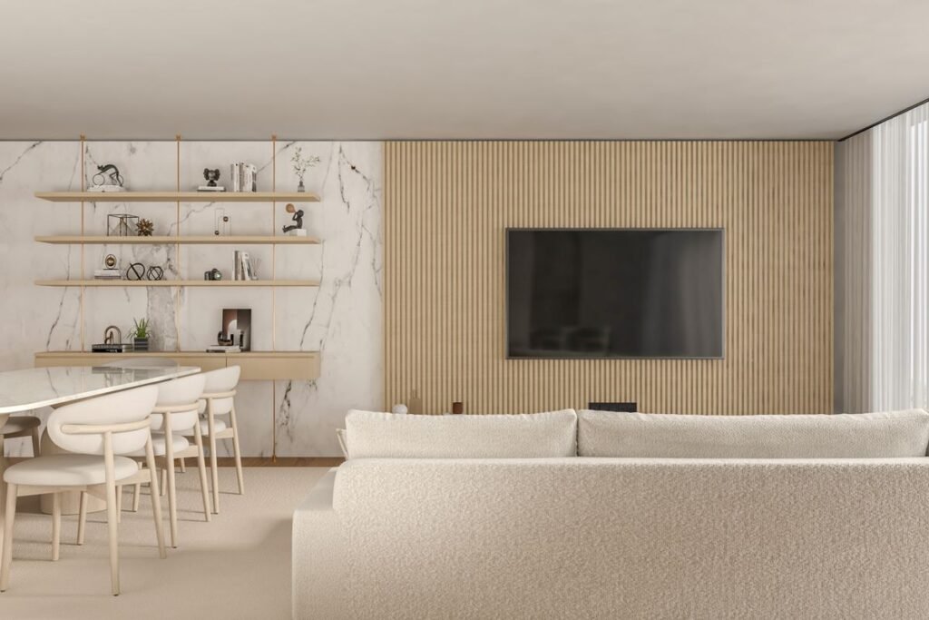 Contemporary living room with minimalist styling, showing the kind of project imagery used in interior design marketing